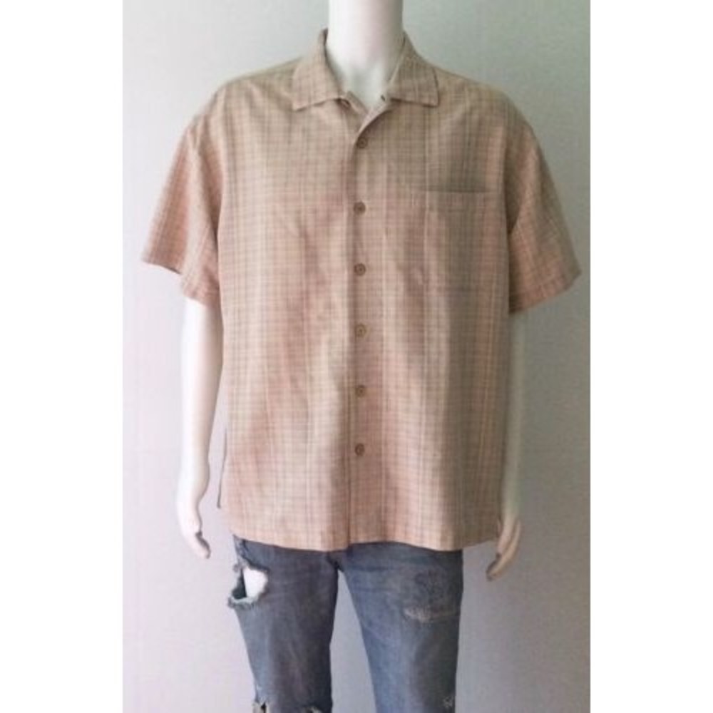 ISLAND SHORES Beige Check Island Wear Short Sleeve Button Down Shirt (Size XL)